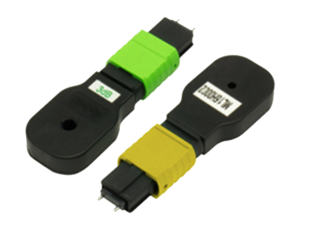 MPO MTP fiber optic loopback module — detailed close-up of the compact body and MPO connector interface