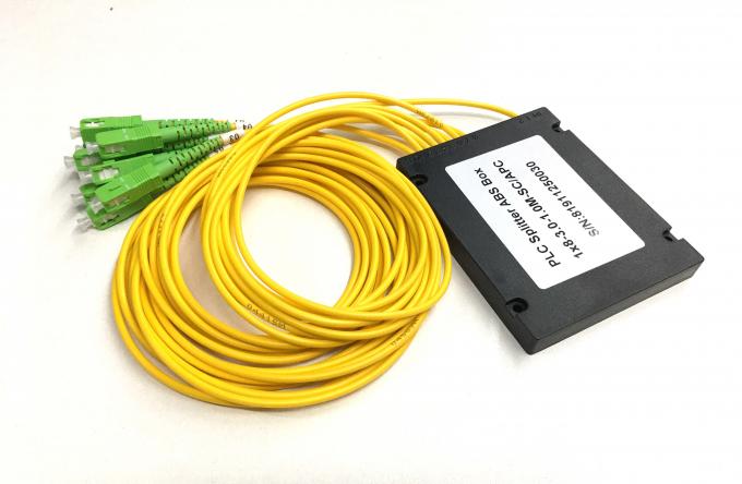 SMF G657A1 PLC fiber optic splitter 1x8 SC/APC with ABS box and yellow pigtails – side view showing connectors